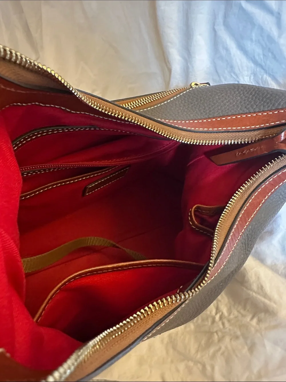 Dooney & Bourke Taupe Pebbled Leather Shoulder Bag with Brown Trim